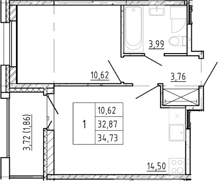 1-комнатная квартира 32.87 м², 11/12 эт., ЖК «Полис Новоселье»